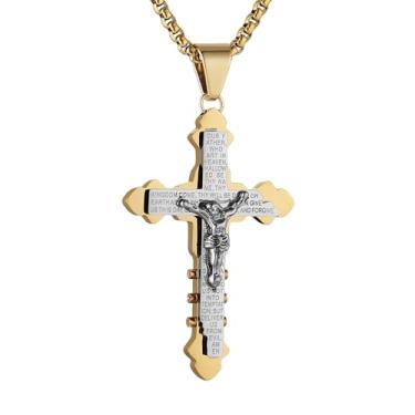 Imagem de HZMAN Colar de cruz crucifixo masculino de aço inoxidável retrô inspirador da oração do Senhor, pingente de cruz de fé cristã, presente, Aço inoxidável, Sem Pedra Preciosa