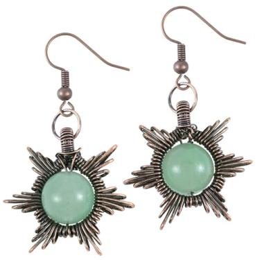 Imagem de Nupuyai Brincos femininos com pingente de cristal de sol gótico Boho com fio de cobre e pedra do sol, Cobre Cobre Aventurina verde, Pedra de cristal de aventurina verde
