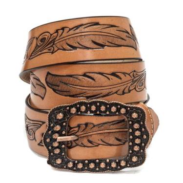 Imagem de Cinto Country Feminino Em Couro Estampa Pena Cowgirls - Street Fashion