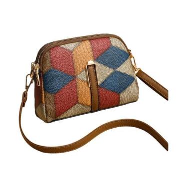 Imagem de Bolsa de Ombro Feminina em PU - Bloco de Cores, Zíper Duplo, Azul marr