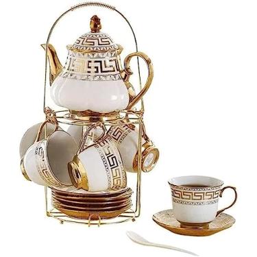 Imagem de WYUYIWH Conjunto de chá, conjunto de bule de chá, conjunto de chávenas de cerâmica, conjunto de xícaras de café, conjunto de xícara de chá europeu, pires e colher com suporte de metal, conjunto de