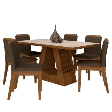 Imagem de Mesa Málaga 1,6 Com 6 Cadeiras Estofadas Freijó/off/suede Marrom - M.a Freijó/off Premium/marrom