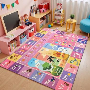 Imagem de Macgace ABC Tapete infantil para sala de jogos, 12 x 17 cm, rosa, roxo, lavável, tapete educativo para brincar com números do alfabeto, formas de estações, aprendizagem divertida para crianças em
