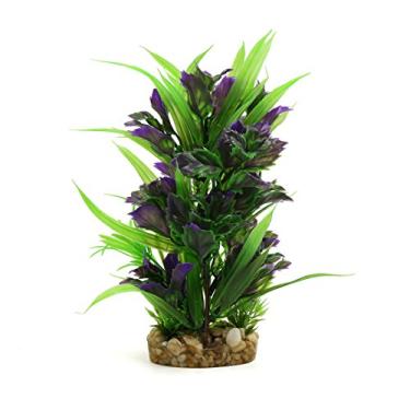 Imagem de Uxcell Decoração de habitat de plantas decorativas de aquário de plástico verde roxo com base de cerâmica