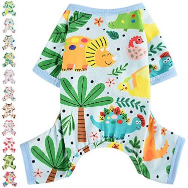 Imagem de Pijama para cães pequenos menina menino primavera yorkie roupas verão filhote de cachorro pijama macio para cachorro macacão para chihuahua xícara de chá padrão fofo roupas de gato de estimação vestuário vestuário (grande, dinossauro)