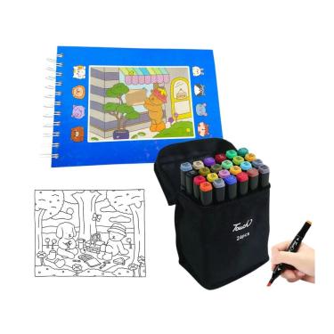 Imagem de Canetinha 24 Cores Com Livro Pintar 100 Folhas Ursinho Fofo Ponta Dupla Capa Dura Desenho De Colorir Divertido