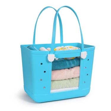 Imagem de CLLTIV Bolsa de praia de borracha, impermeável, bolsa de viagem, lavável, aberta para praia, esportes e piquenique, Azul cerúleo, Large