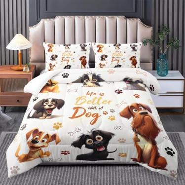 Imagem de Tuzaovy Jogo de cama Queen com desenho animado de cachorro, estampa de osso e gato, para decoração de quarto de meninos e meninas, edredom fofo para decoração de quarto de crianças e adolescentes