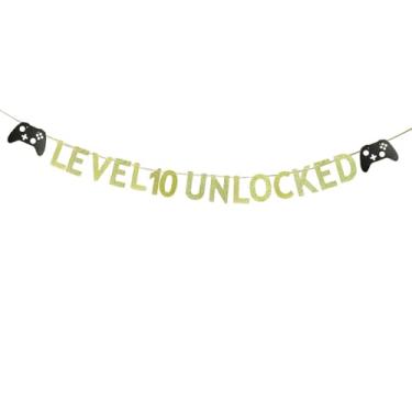 Imagem de KUNGOON Banner de aniversário para jogos Level 10 desbloqueado, papel dourado com glitter com design de controle de jogo, decorações de festa de 10º aniversário