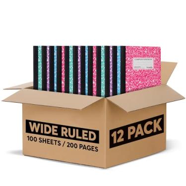 Imagem de Caderno de composição pautada larga de capa dura – cores brilhantes, 100 folhas, 200 páginas, 25 x 19 cm – para escola, escritório, estudantes, diário, material de sala de aula em massa - pacote com
