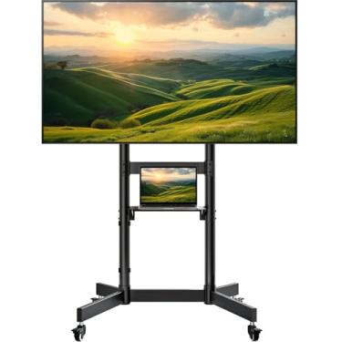 Imagem de ECOTINY Suporte de TV rolante resistente para telas de 55 a 100 polegadas — suporta 75 kg, carrinho de TV móvel estável com prateleira e rodas de bloqueio, suporte de TV de chão, VESA máximo 800 x 600
