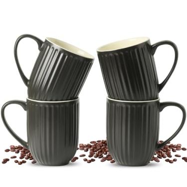 Imagem de Hasense Canecas de café pretas grandes, conjunto de 4 canecas de café, 473 ml de porcelana com nervuras para café, chá e cacau, design moderno, seguras para micro-ondas e lava-louças