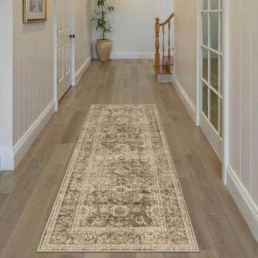 Imagem de WondRg Tapete de corredor vintage marrom lavável 5 x 15 cm para corredor de cozinha, antiderrapante, com pelo baixo, desgastado, tapete rústico, leve, aspirável, macio, para entrada interna e quarto