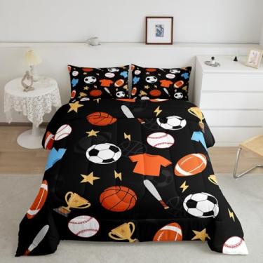 Imagem de jejeloiu Jogo de cama casal com estampa de beisebol, rúgbi, beisebol, beisebol, rúgbi, para crianças, meninos, meninas, edredom preto, 3 peças, com 2 fronhas