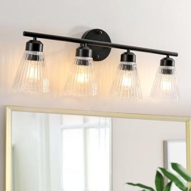 Imagem de wochos Luminária de banheiro de 4 luzes, luminária de banheiro preta fosca sobre espelho com vidro listrado, lâmpada de parede moderna, arandelas de parede pretas para sala de estar, quarto, cozinha