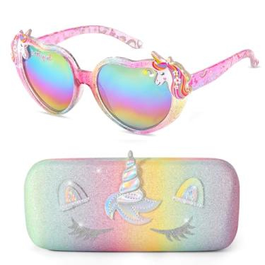 Imagem de Óculos de sol infantis com coração de unicórnio com proteção UV e estojo de óculos de sol para festas na praia, Rosa-A, tamanho �nico