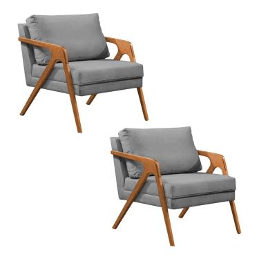 Imagem de Kit 2 Poltronas Mona Luxo Base Madeira Maciça Veludo Cinza