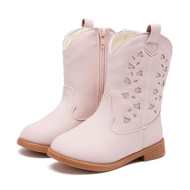 Imagem de BMCiTYBM Botas de cowgirl para meninas pequenas, botas ocidentais de cano médio, botas de caubói, bico fino, sapatos de equitação, 2 - rosa, 19