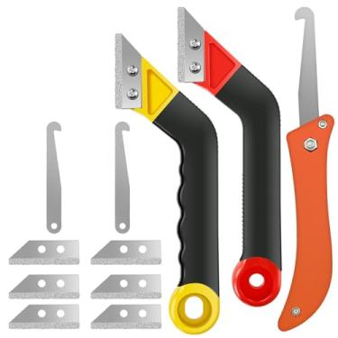 Imagem de LYIYEYAN Kit de ferramentas de remoção de argamassa com lâmina de diamante e cabeça angular - Raspador de esmeril para azulejo, cimento, argamassa (aderência ergonômica e 6 lâminas de liga)