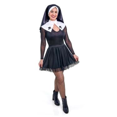 Imagem de Fantasia Freira Adulto Vestido Noviça Rebelde Irmã Religiosa Cosplay Carnaval Bloquinho Festa Halloween Noites Terror
