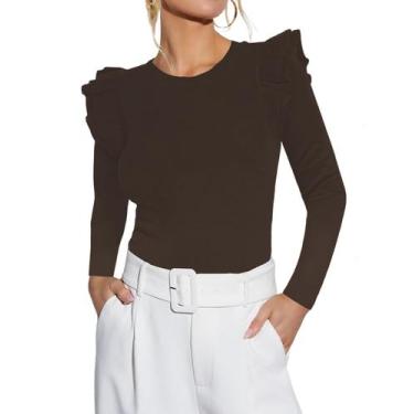 Imagem de Blusa feminina BONITEE com babados, manga comprida, marrom, tamanho P