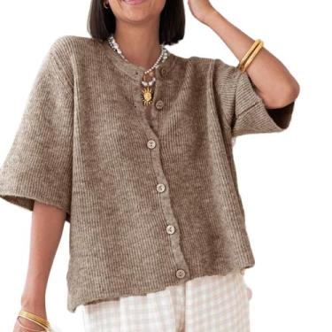 Imagem de Suéter de cardigã KMBANGI Y2K de manga curta canelada para mulher