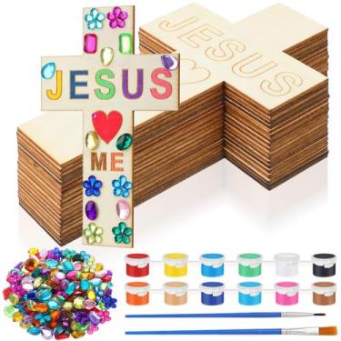 Imagem de Kit de artesanato Blueweenly Wood Cross para crianças com tinta e ades