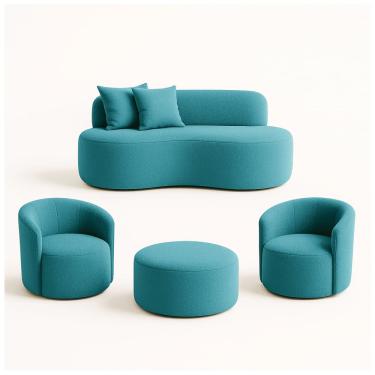 Imagem de Conjunto 02 Poltronas + Sofá e Puff Curvo Orgânico Nature Gaia Boucle Azul Turquesa - Montanaris Decor