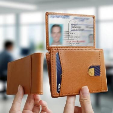 Imagem de Carteira masculina vintage dobrável com janela para identidade e compartimentos para cartões, design minimalista para viagens de negócios, uso diário, Marrom, 4.49X3.19X0.67inch, Tendência