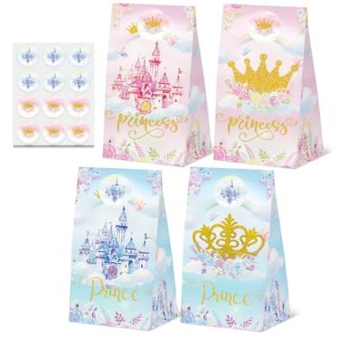 Imagem de 24 peças de sacos de presente de princesa príncipe com adesivos, sacos de lembrancinha de festa de aniversário com tema de castelo para festa de princesa príncipe, revelação de gênero e suprimentos de