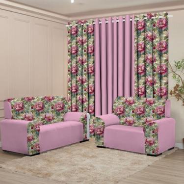 Imagem de Kit Sala Floratta Cortina 3 Metros Kit Capa Sofá 3 E 2 Lugares Coladin