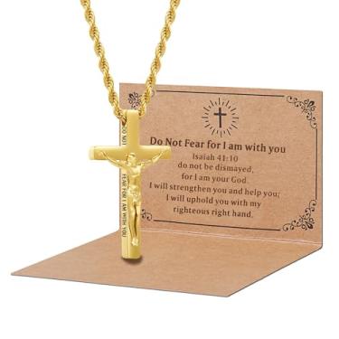 Imagem de DS Colar de cruz cristã para homens e mulheres - colares de crucifixo de aço inoxidável ouro 18K com versículo bíblico inspirador presente religioso para oração fé Jesus/Deus cristão católico joia