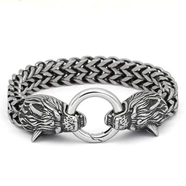 Imagem de GuoShuang Pulseira masculina de aço inoxidável nórdico com corrente de rei viking cabeça de lobo 21 23 25 cm Preto