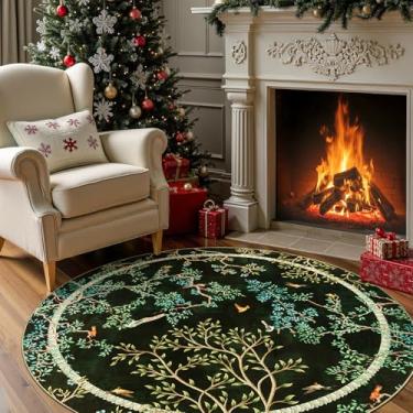 Imagem de jinchan Tapetes redondos com estampa de pássaros botânicos verde musgo de 1,5 m, lavável na máquina, círculo, plantas naturais, modernos, macios, antiderrapantes, tapete ultrafino para entrada, quarto