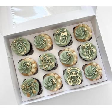 Imagem de 12 peças de acrílico Oh Baby Cake Topper, body temático de urso dourado, roupas, decorações de bolo para meninos e meninas, aniversário, chá de bebê, suprimentos de festa