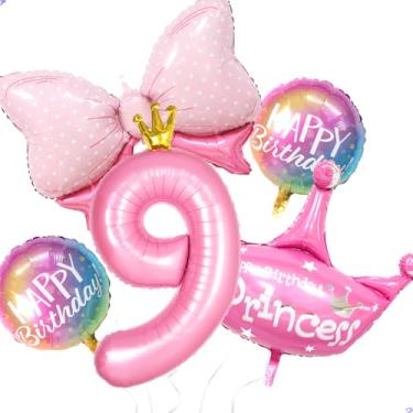 Imagem de Princesas 9 balões de aniversário suprimentos de festa, hélio grande 101,6 cm arco de coroa de folha 9º festa decoração de balão para meninas princesa 9 anos de idade decorações de aniversário