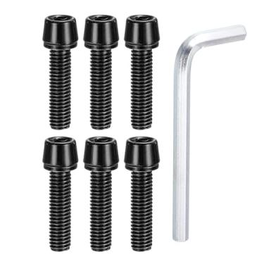 Imagem de PATIKIL Parafusos de haste de bicicleta M5 x 20 mm, 6 parafusos sextavados cônicos com arruelas e chave para haste de bicicleta de estrada BMX MTB, preto
