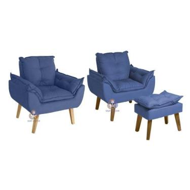 Imagem de Kit 02 Poltrona/Cadeira Decorativa E Puff Opala Glamour Azul Marinho C