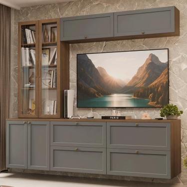 Imagem de Estante Sala De Estar Com Rack + Cristaleira 230cm Vik Madesa 02 Rustic-cinza