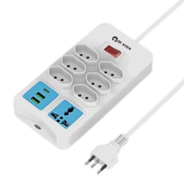 Imagem de Extensão Elétrica com 6 Tomadas 2 Portas USB USB-C e Tomada Universal Filtro de Linha Entrada Universal Compacta Segura Casa Viagens Escritório