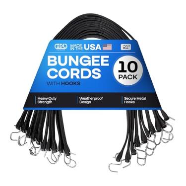 Imagem de Cabos elásticos de 53 cm com ganchos, pacote com 10 - Tiras de lona 100% EPDM feitas nos EUA com ganchos em S crimpados de metal - Cabo elástico preto resistente para uso externo, toldos de lona