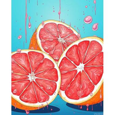 Imagem de VNUIEHG Kits de pintura de toranja por números com pincéis e pigmento acrílico em tela para adultos iniciantes, imagem estilo desenho animado de frutas para presentes de decoração de casa 40 cm x 50