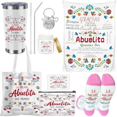 Imagem de Conjunto de 8 peças de presentes espanhóis para avó inclui copo de 590 ml, bolsa de maquiagem, cobertor, meias, cartão de vela, La Mejor, Abuela del Mundo, presentes de aniversário de netos para avó