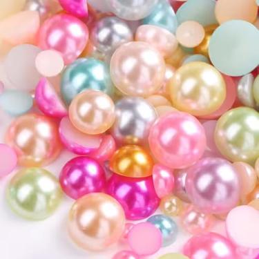 Imagem de MKLKSDH 3000 peças de pérolas planas para artesanato, 100 g tamanhos mistos 4/5/6/8/10/12 mm pérolas coloridas meia redonda para artesanato contas falsas planas para arte de unhas rosto canecas de