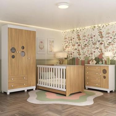 Imagem de Quarto de Bebê Completo com Berço Americano 3 em 1 Bombom Multimóveis Mp4622 Branco/madeirado
