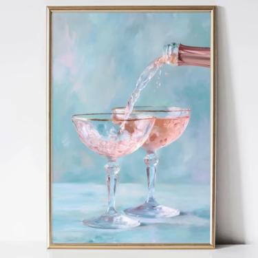 Imagem de Arte de parede de champanhe na moda pôster de bebidas de verão bonito imagem formal bebida arte de parede em tela feminina estética pôsteres retrô coquetel vinho rosa arte funky bar carrinho tela sala