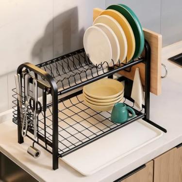 Imagem de Escorredor de Louça Duplo Premium, Organizador de Cozinha com Porta Talheres e Copos, Suporte para Pratos em Aço, Prateleira Multifuncional com Bandeja Coletora