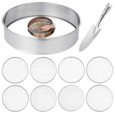 Imagem de Conjunto de ferramentas de peneira de solo inoxidável, kit de filtro de jardim de 10 peças com 8 telas de malha de 2 a 12 mm, enigma de 30 cm e colher de solo para envasamento e compostagem