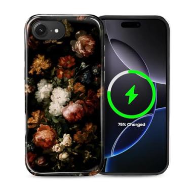 Imagem de Kapadiy Capa magnética para iPhone 16e, compatível com MagSafe Retro Dark Floral Design Gótico Híbrido Proteção Dupla Silicone + Capa de Corpo Inteiro à Prova de Choque PC Rígido para Homens e