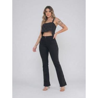Imagem de Calça Feminina Flare Jeans Preto com Strass Lateral - Pthirillo, 46, P